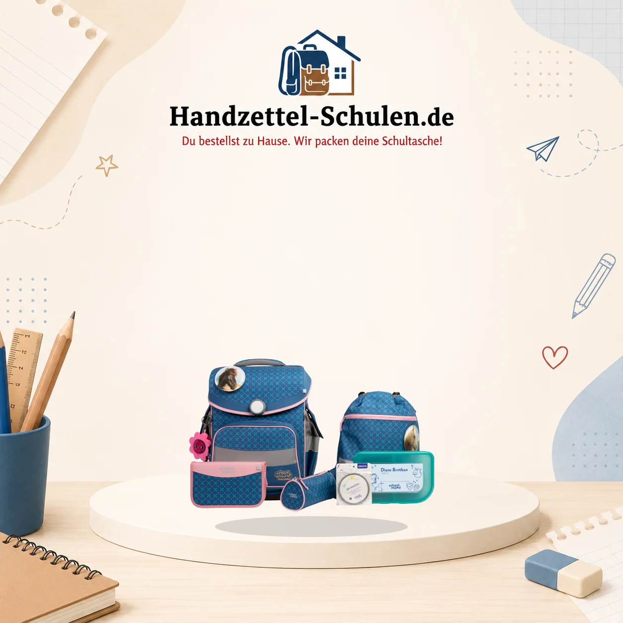 Schulranzenset School-mood Pferd 7 teilig blau Timeless Pro 3824 Pferd Mila als Schulmaterial für Schule und Unterricht