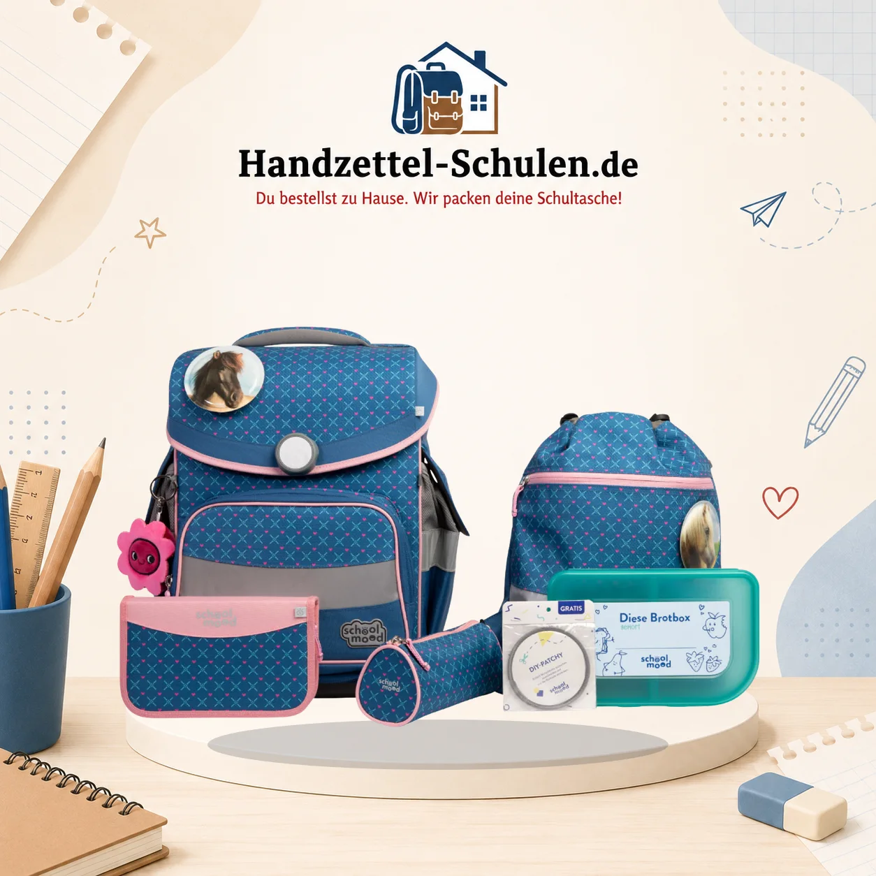 Schulranzenset School-mood Pferd 7 teilig blau Timeless Pro 3824 Pferd Mila als Schulmaterial für Schule und Unterricht