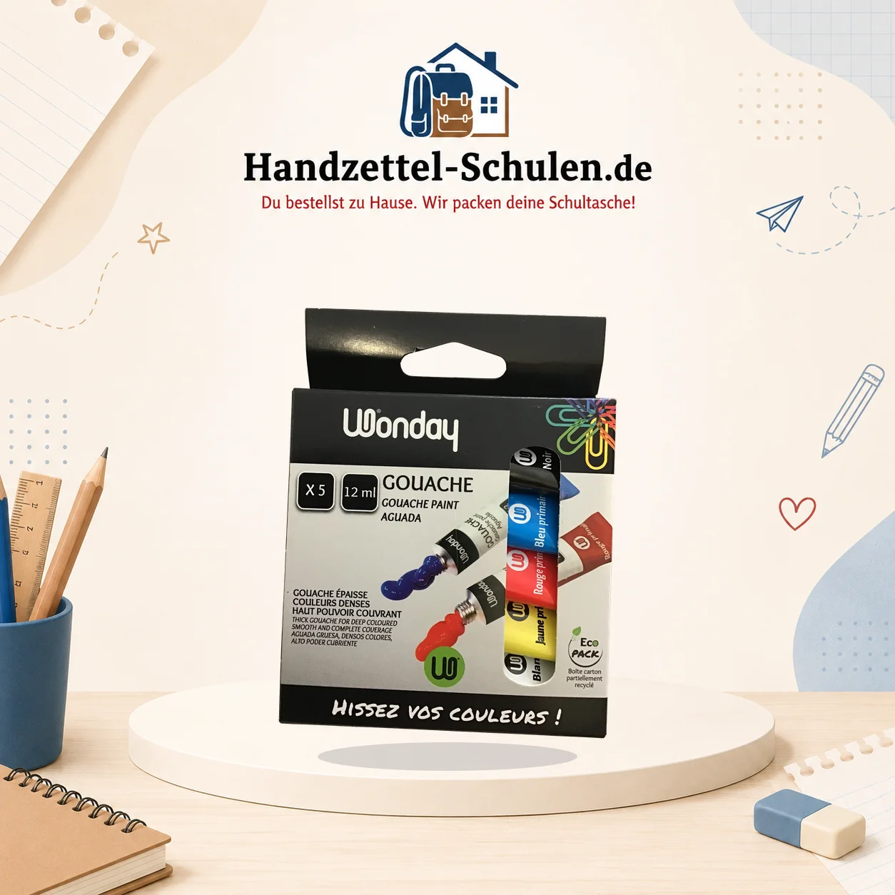 Tubenfarben 5er Pack Schwarz, blau, rot, gelb,weiß als Schulmaterial für Schule und Unterricht