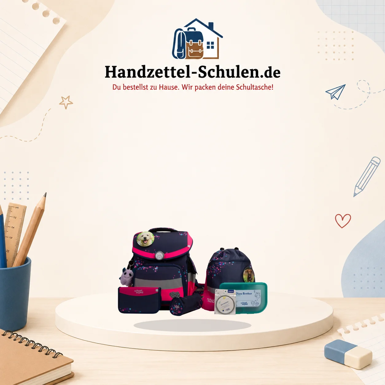 Schulranzenset School-mood Hund 7 teilig blau Timeless Pro 3824 Leni als Schulmaterial für Schule und Unterricht