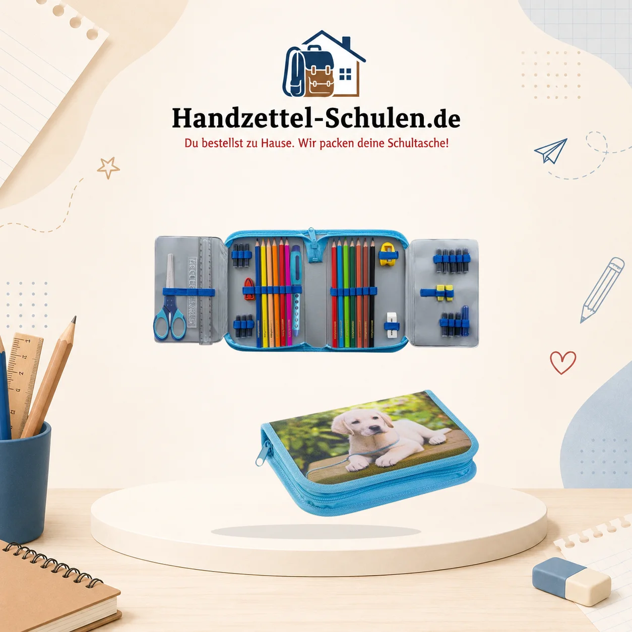 Federmappe gefüllt als Schulmaterial für Schule und Unterricht